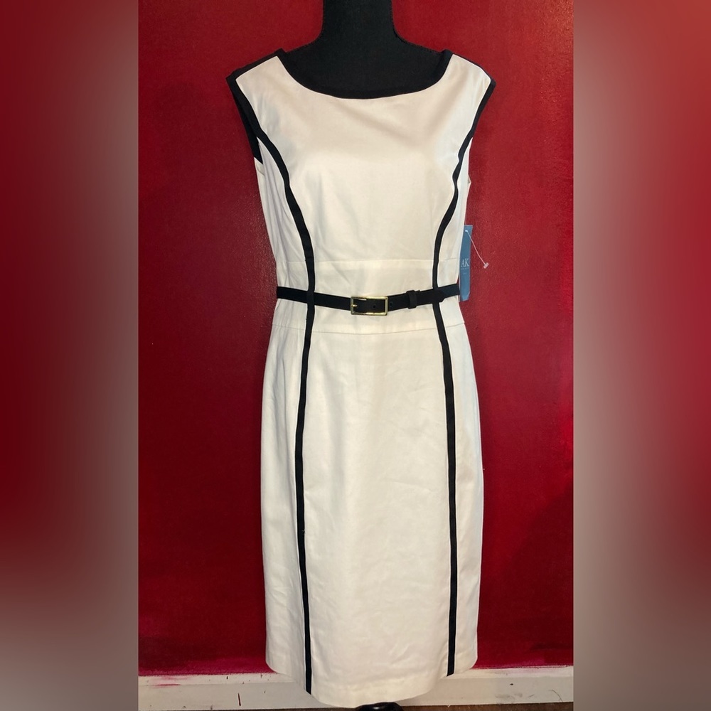Anne Klein White Black Trimmed Fitted Dress
